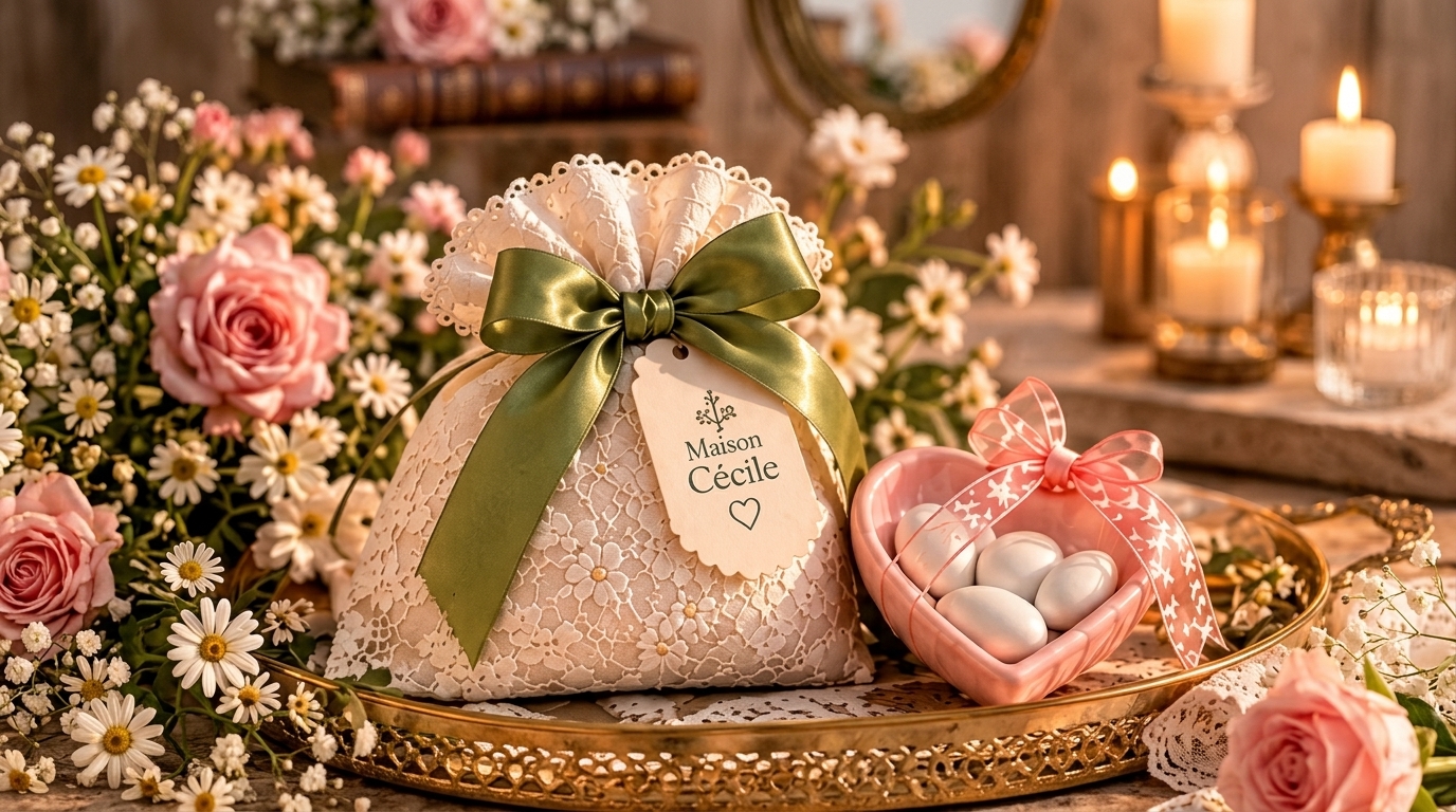 Sacchetto porta confetti in pizzo bianco con nastro verde oliva e targhetta 'Maison Cécile', affiancato da una ciotolina rosa a cuore con confetti bianchi, rose e margherite.