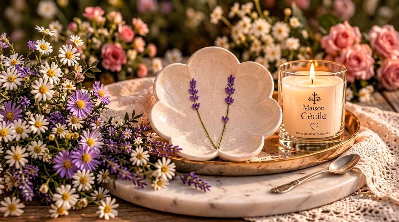 Composizione elegante con candela profumata 'Maison Cécile', piattino in ceramica a forma di fiore con lavanda e mazzi di fiori di campo.